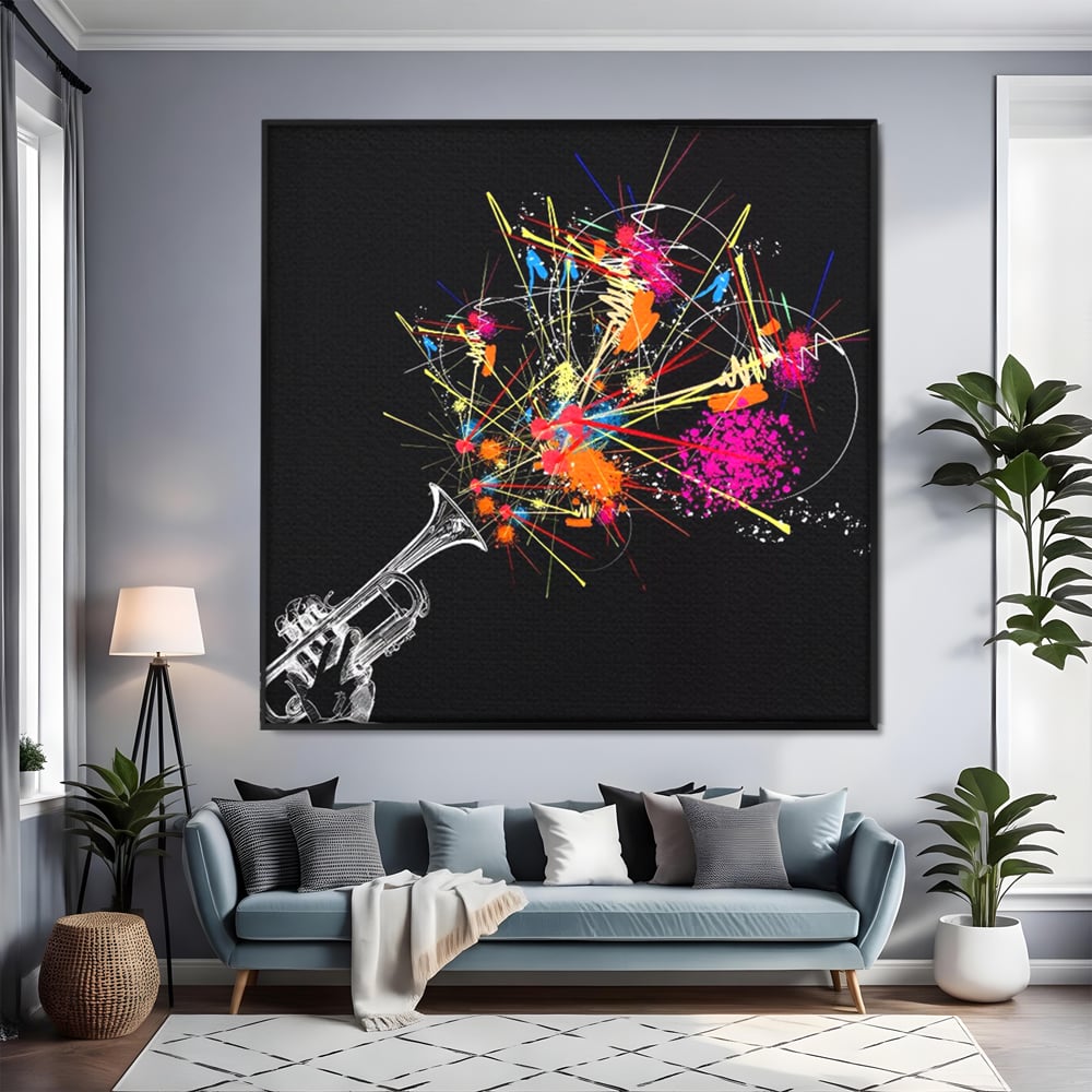 Tablou canvas cu ilustratie digitala cu trompeta si explozie de culori, in rama de aluminiu negru, pe perete intr-un living